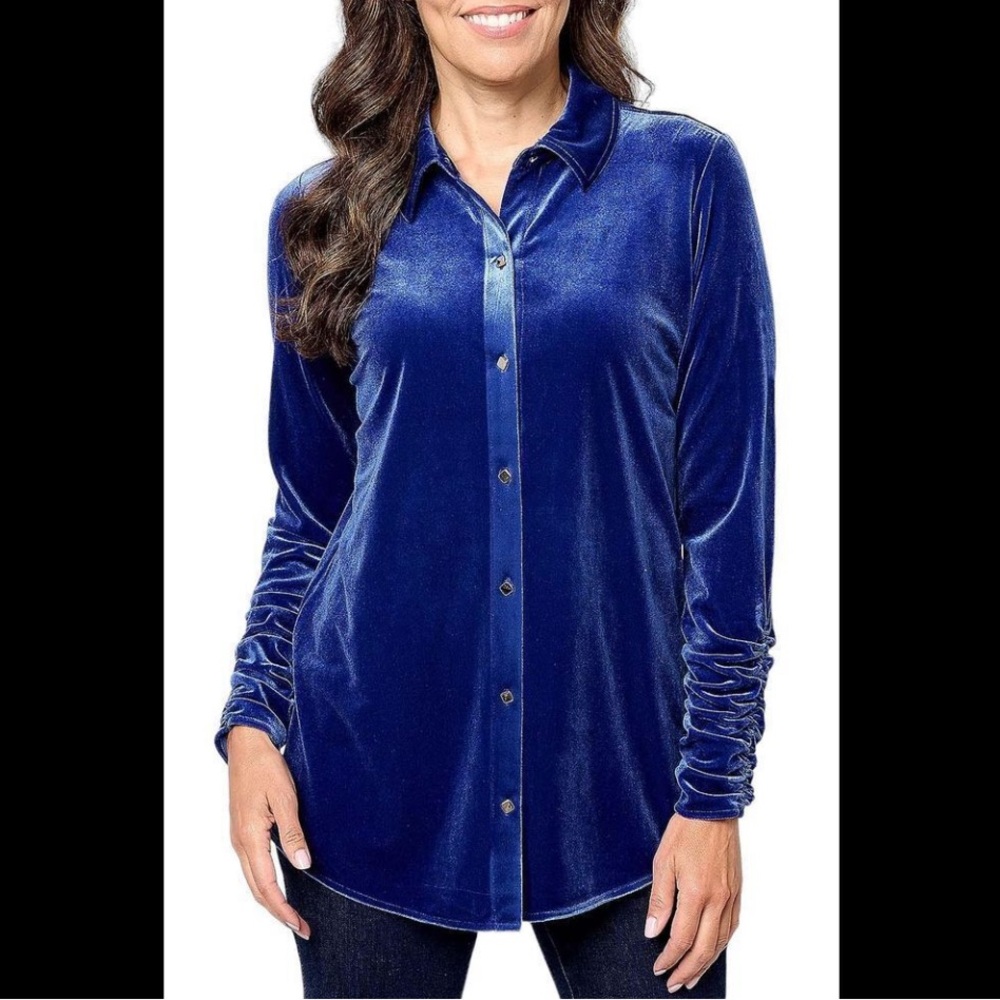 Susan Graver Royal Blue Knit Velvet Button Down Shirt - Cosmos
